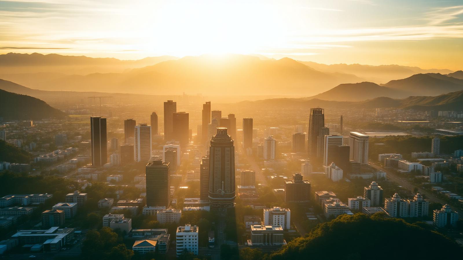 Vista aérea del skyline de Bogotá al atardecer