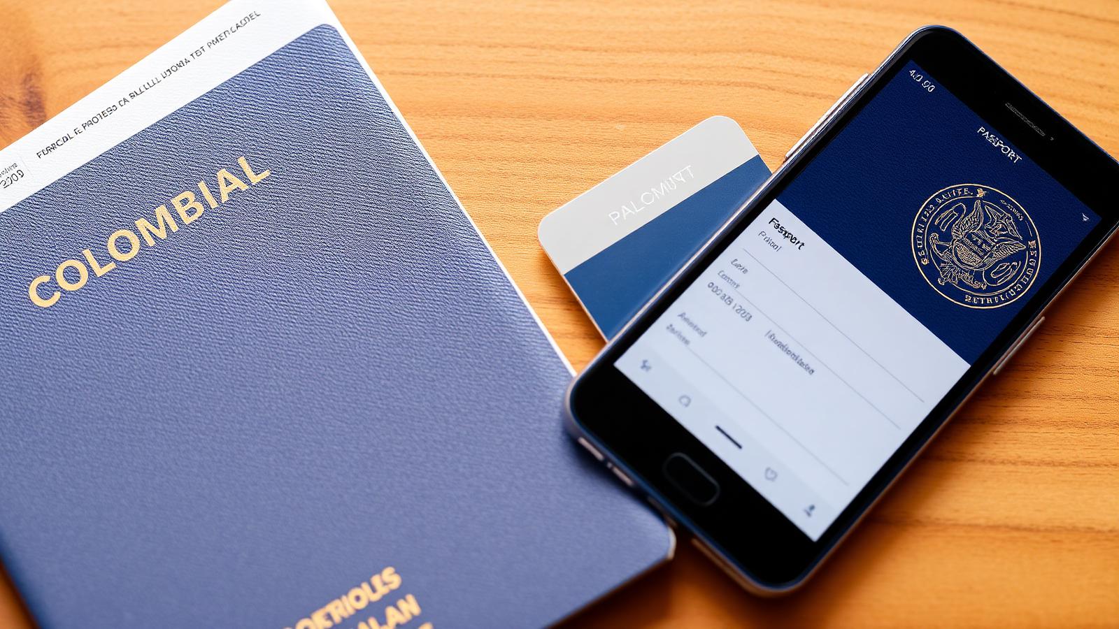 Pasaporte colombiano y móvil con un formulario migratorio