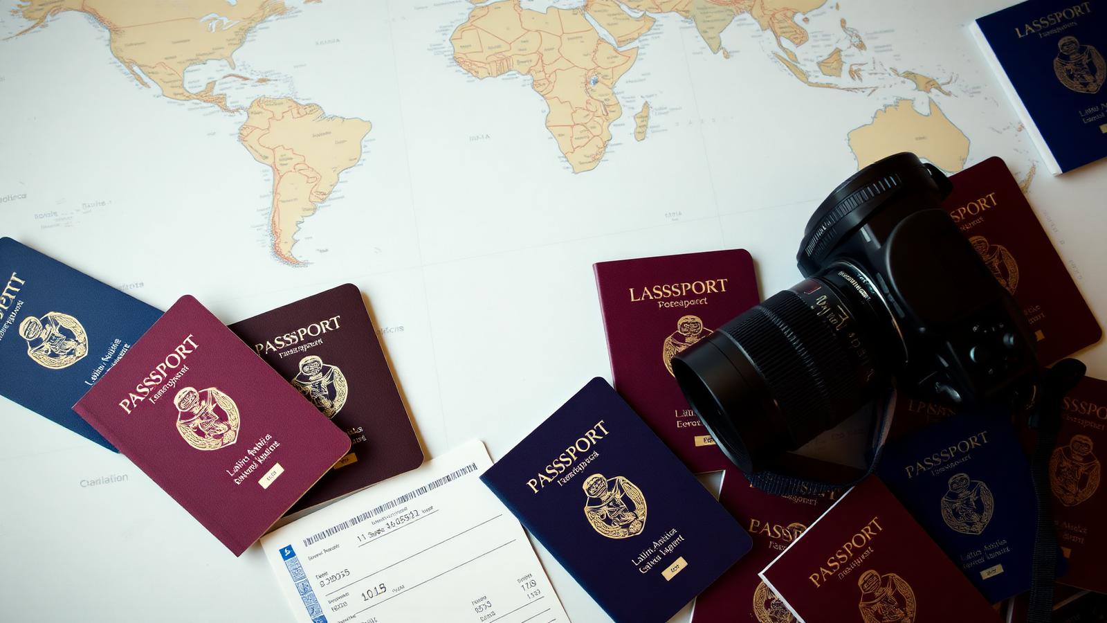 Pasaportes latinoamericanos y cámara sobre un mapa del mundo
