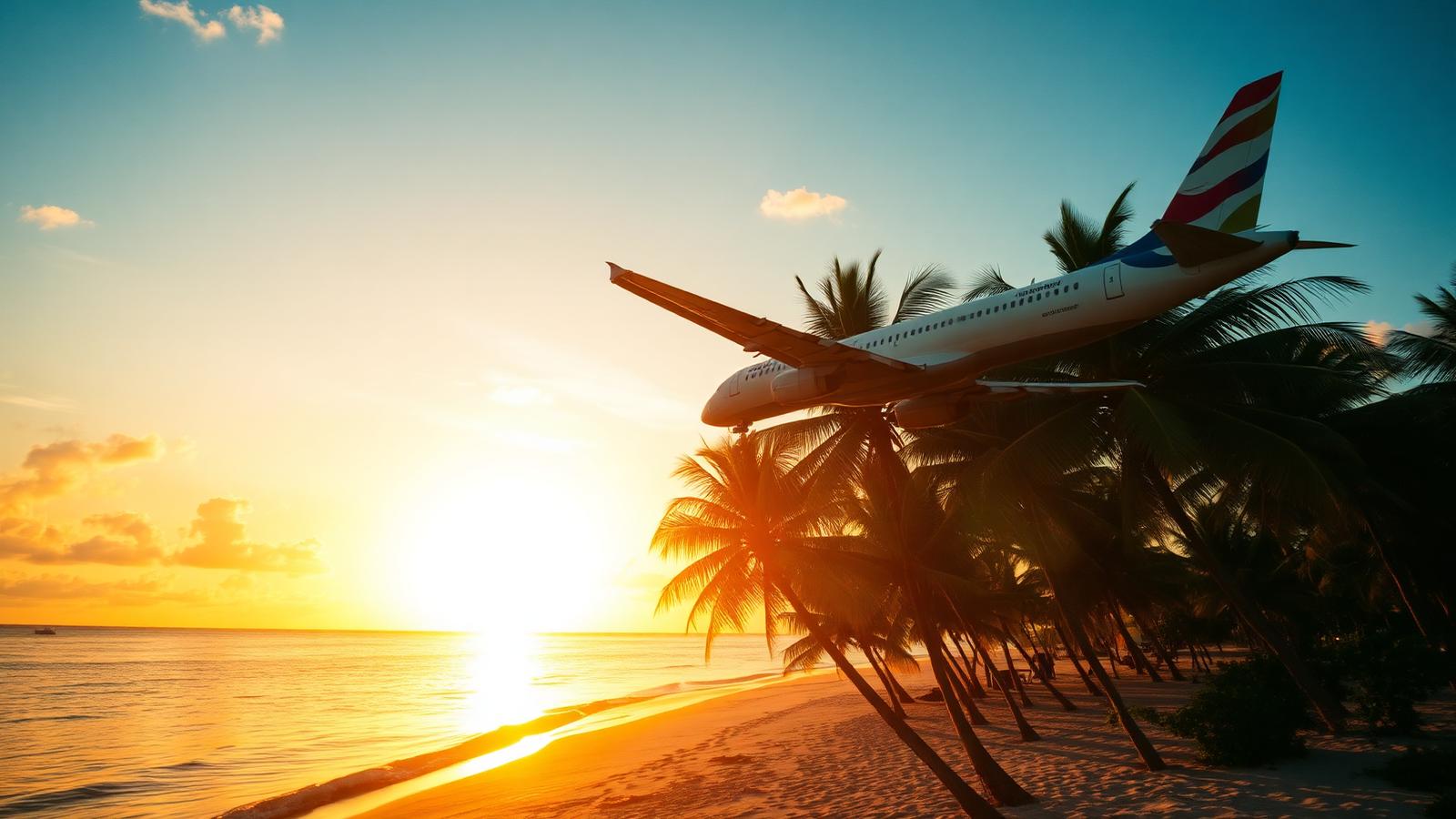 Avión sobrevolando una playa tropical al atardecer