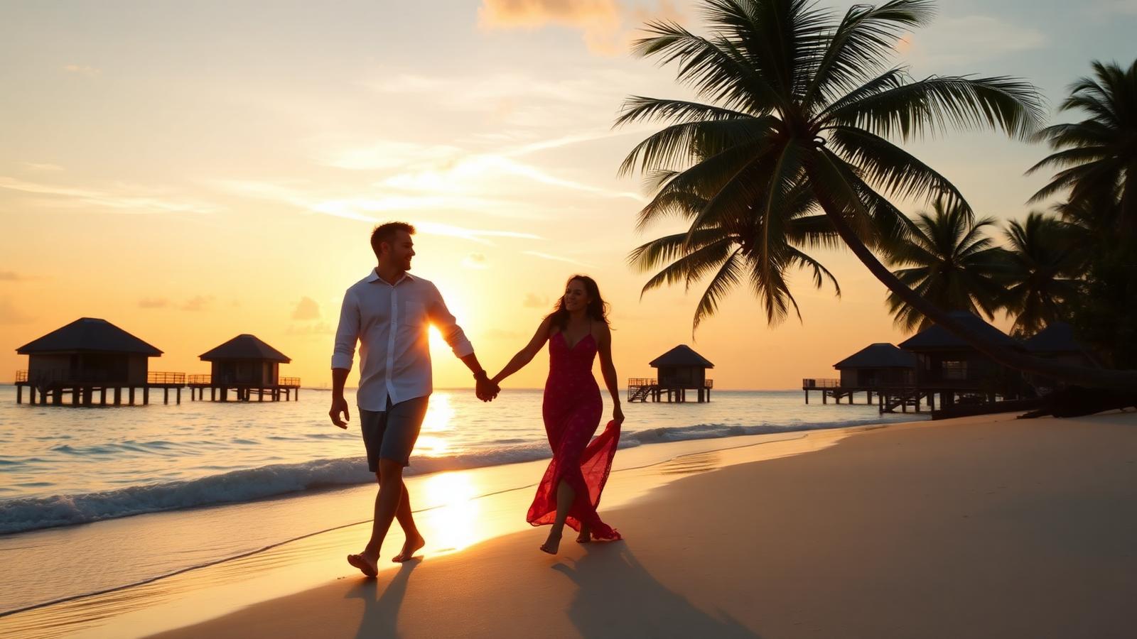 Pareja paseando por playa caribeña al atardecer, con bungalows sobre el agua