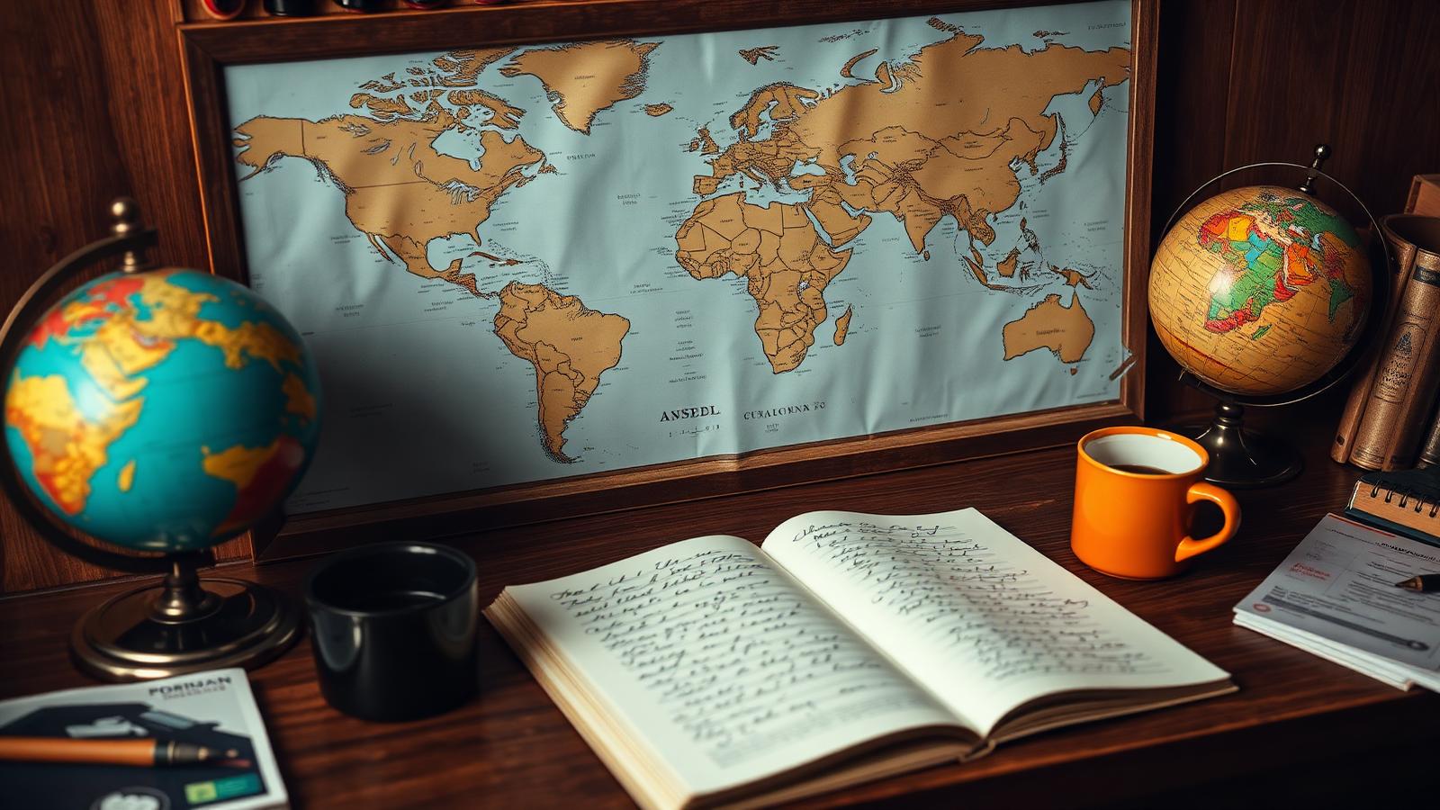 Escritorio con mapa del mundo, cuaderno, globo terráqueo y café